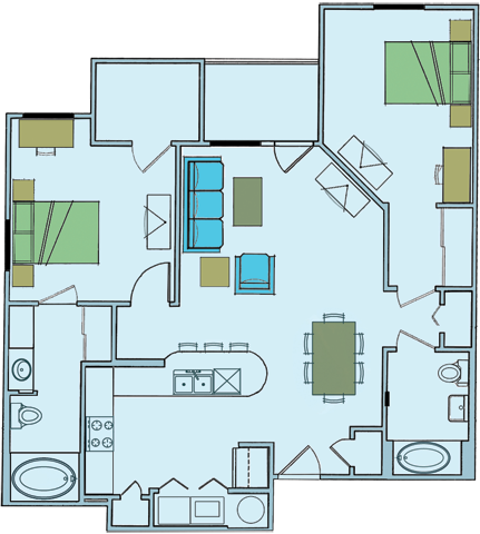 Floor plan for 2 beds, 2 baths, 1074 sqft